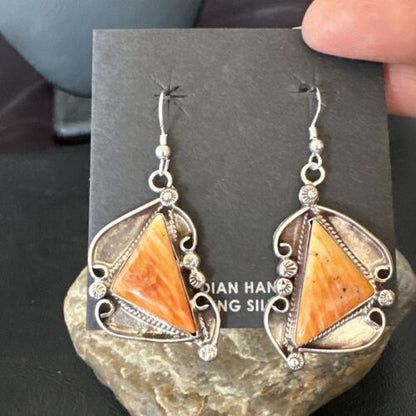 Navajo Orange Spiny Oyster Dangle Earrings | Sterling Silver | Authentic Native American Handmade | 17271