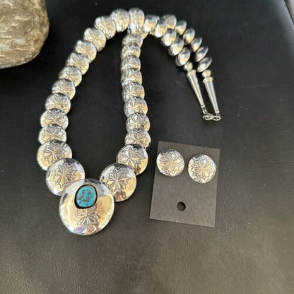 Navajo Sterling Silver Turquoise Pillow Stamped Bead Necklace Set | Authentic Native American Handmade | 15132 - Masha USA
