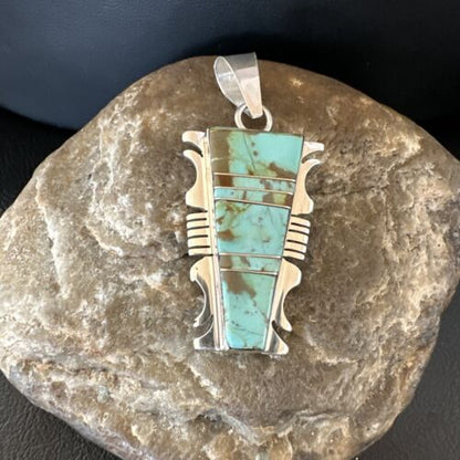 Navajo Blue #8 Turquoise Inlay Pendant | Sterling Silver | 2" | Authentic Native American Handmade | 15684