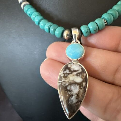 Navajo Wild Horse | Blue Kingman Turquoise Pendant Necklace | Sterling Silver | Authentic Native American Handmade | 17574