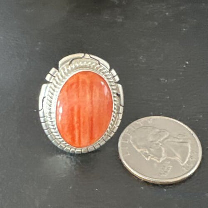 Women's Orange Spiny Oyster Navajo Ring | Sterling Silver | Sz 8 | Authentic Native American Handmade | 16034