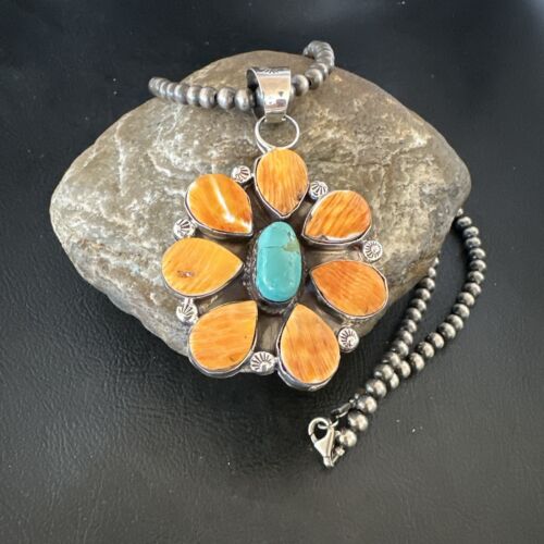 Navajo Blue Turquoise | Spiny Oyster Pendant Necklace | Sterling Silver | Multi-Stone | 16860
