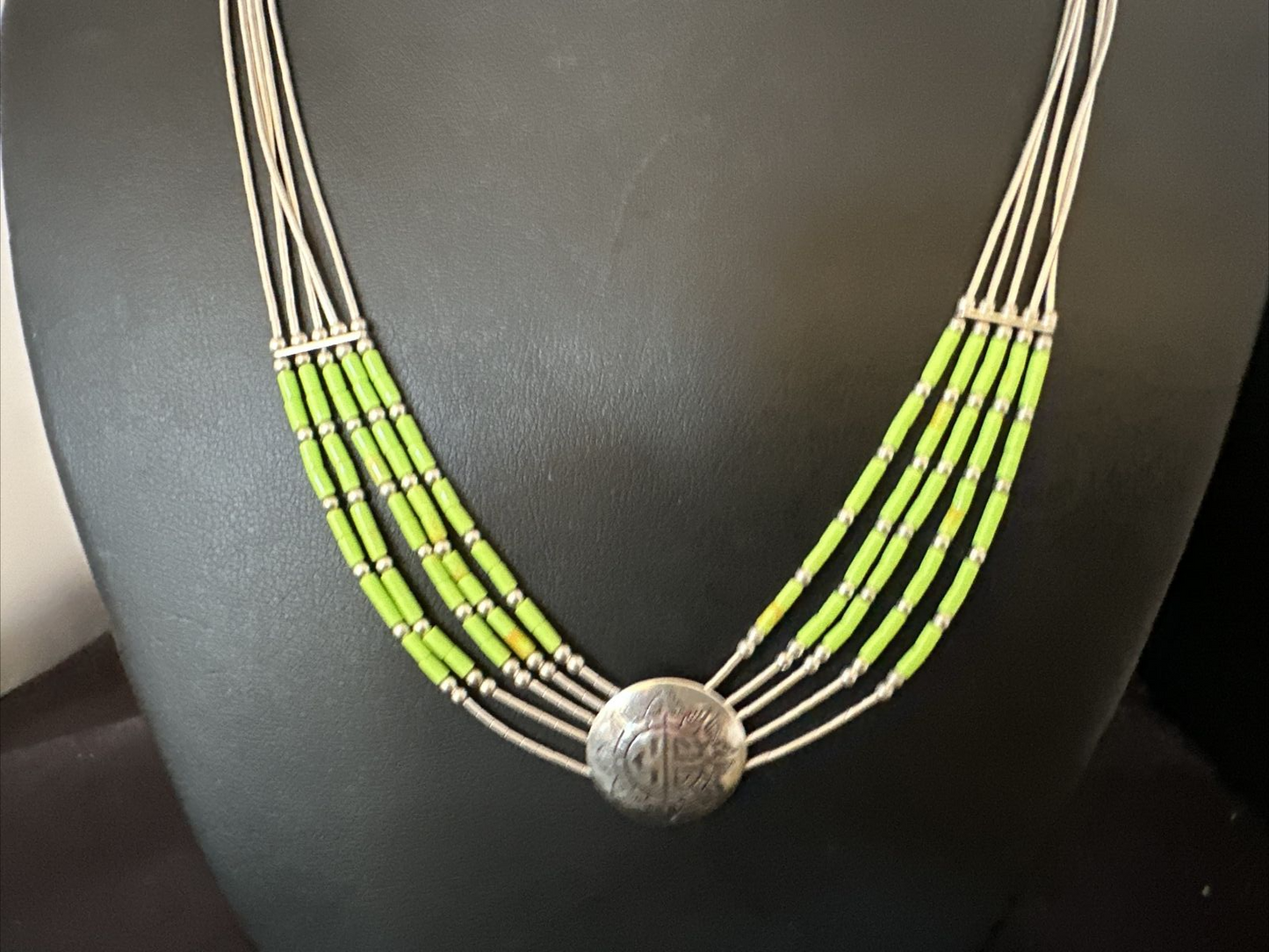 Navajo Green Gaspeite Heishi Concha Necklace | 5 Strand Liquid Sterling Silver | 20" | 15872