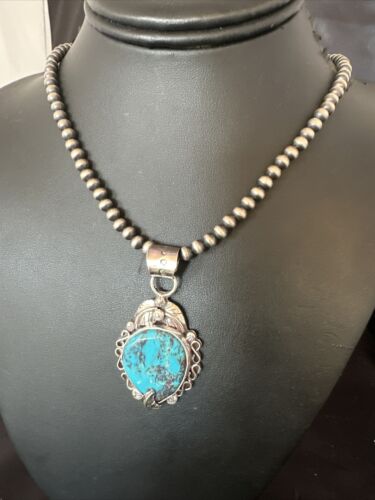 Navajo Blue Turquoise Pendant Necklace | Sterling Silver Pearls | Authentic Native American Handmade | 15639