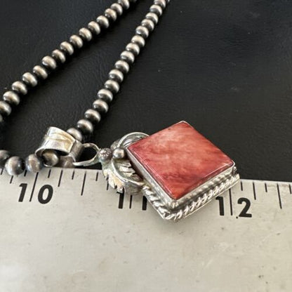 Navajo Red Spiny Oyster Pendant Necklace | Sterling Silver | Authentic Native American Handmade | 16144
