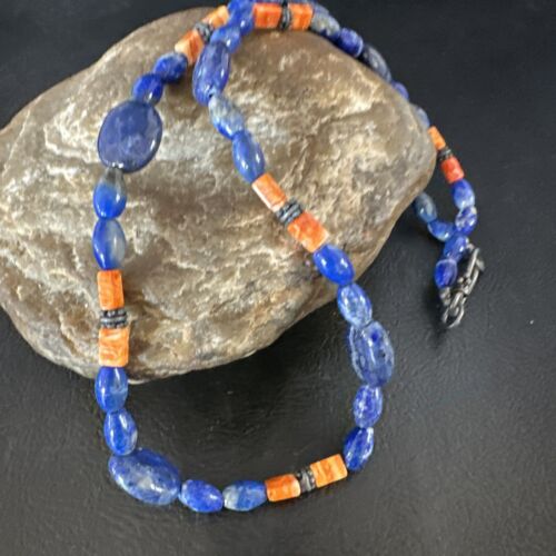 Men's Lapis Lazuli Spiny Oyster Necklace | Navajo Sterling Silver | 18" | Authentic Native American Handmade | 15265