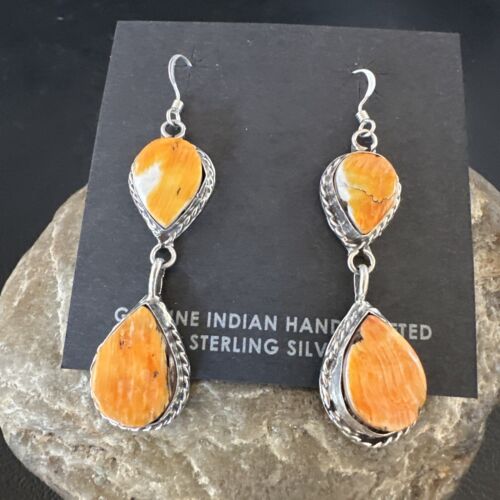 Navajo Orange Spiny Oyster Dangle Earrings | Sterling Silver | 1.5" | Authentic Native American Handmade | 16562