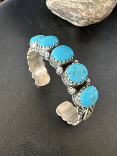 Navajo Blue Kingman Turquoise Cuff Bracelet | Sterling Silver | 5 Stone Design | Women's Jewelry | Authentic Native American Handmade