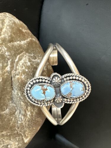 Navajo Blue Golden Hills Turquoise Cuff Bracelet | Sterling Silver | Authentic Native American Handmade | 16429
