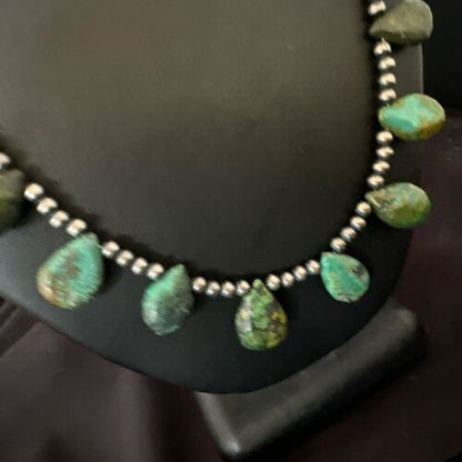 Navajo Pearls Green Teardrop Turquoise Necklace | Sterling Silver | 22" | Authentic Native American Handmade | 16957