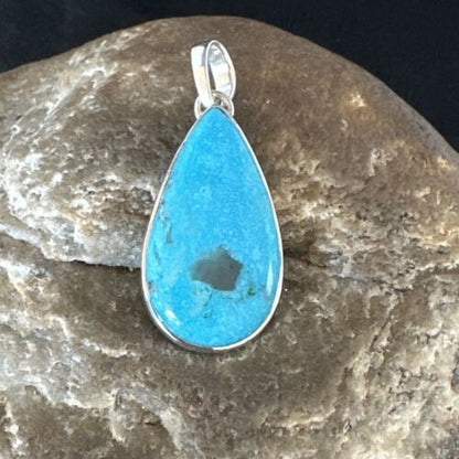 Navajo Blue Kingman Turquoise Pendant Necklace | Sterling Silver Pearls | Authentic Native American Handmade | 15392