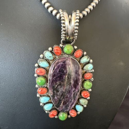 Navajo Purple Charoite Spiny Turquoise Pendant Necklace | Sterling Silver | Multi-Stone | 17146