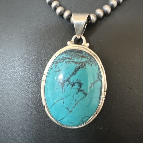 Men's Navajo Blue Spiderweb Turquoise Pendant Necklace | Sterling Silver | Authentic Native American Handmade | 16197