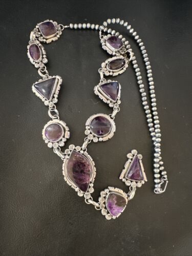 Navajo Sugilite Lariat Necklace | Sterling Silver Pendant | 30" | Authentic Native American Handmade | 16753