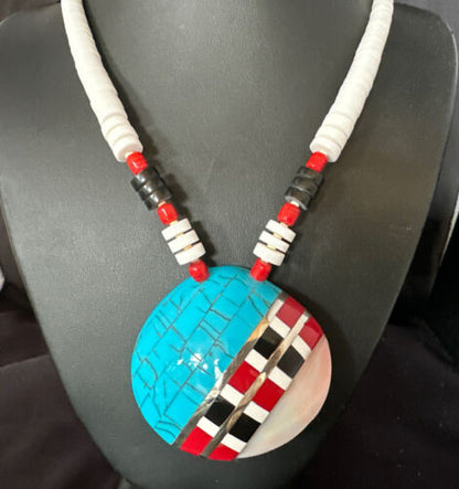 Navajo Shell Turquoise Coral Necklace | Sterling Silver | Stabilized | Inlay | 22" | Authentic Native American Handmade | 15323