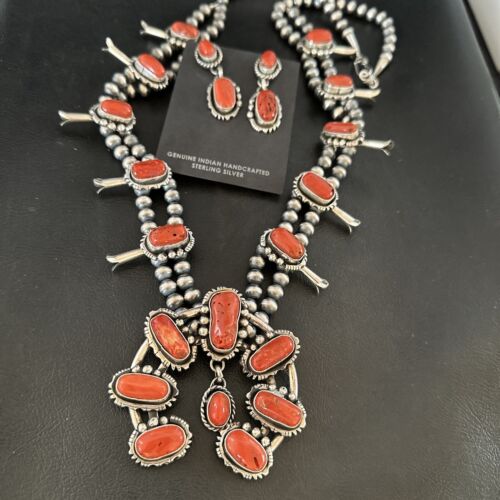 Navajo Red Coral Naja Pendant | Sterling Silver Squash Blossom Necklace & Earrings | 17047
