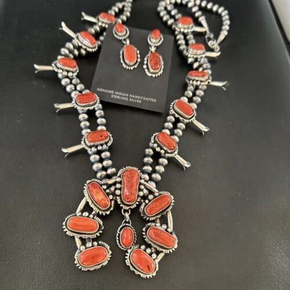 Navajo Red Coral Naja Pendant | Sterling Silver Squash Blossom Necklace & Earrings | 17047