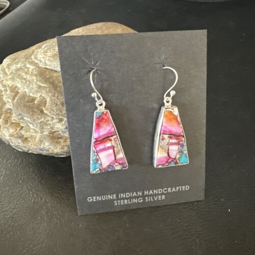 Navajo Blue Turquoise Purple Spiny Oyster Inlay Dangle Earrings | Sterling Silver | 15563