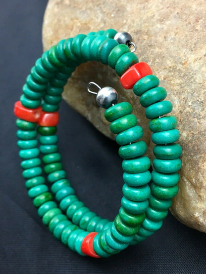 Native American Sterling Silver Bracelet | Coral & Green Turquoise | Handmade Southwestern Jewelry | 1075