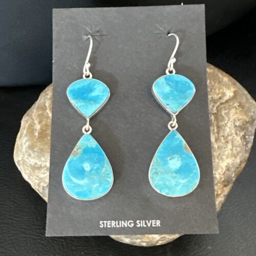 Navajo Blue Kingman Turquoise Dangle Earrings | Sterling Silver | Authentic Native American Handmade | 15106