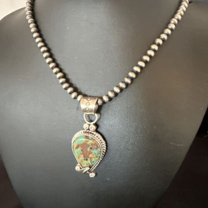 Navajo Blue Turquoise Pendant Necklace | Sterling Silver Pearls | Authentic Native American Handmade | 15654