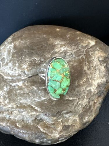 Southwestern Navajo Sterling Silver Green Mojave Turquoise Ring Size 6 15599