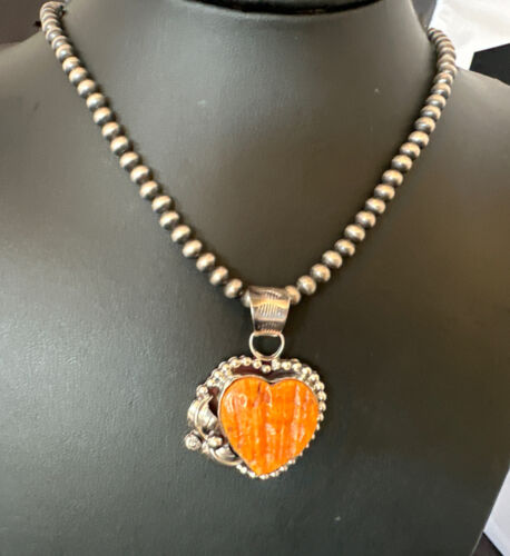 Navajo Orange Spiny Oyster Heart Pendant Necklace | Sterling Silver | Authentic Native American Handmade | 16416