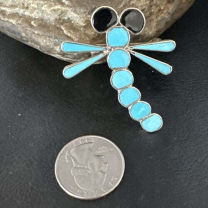 Navajo Blue Kingman Turquoise Dragonfly Inlay Pin Pendant | Sterling Silver | Authentic Native American Handmade | 15169