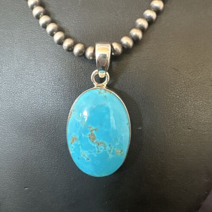 Navajo Blue Kingman Turquoise Pendant Necklace | Sterling Silver | 20" | Authentic Native American Handmade | 16687