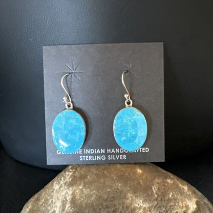 Navajo Blue Kingman Turquoise Dangle Earrings | Sterling Silver | Authentic Native American Handmade | 15436