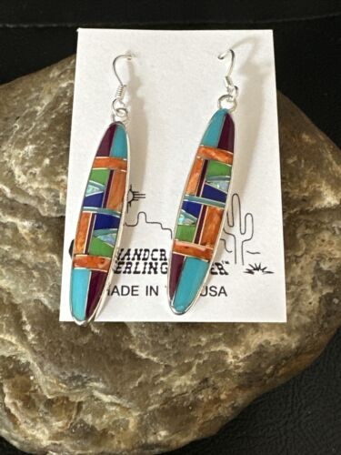 Southwestern Sterling Silver Multi-Color Turquoise Lapis Inlay Earrings | Authentic Native American Handmade | 14937
