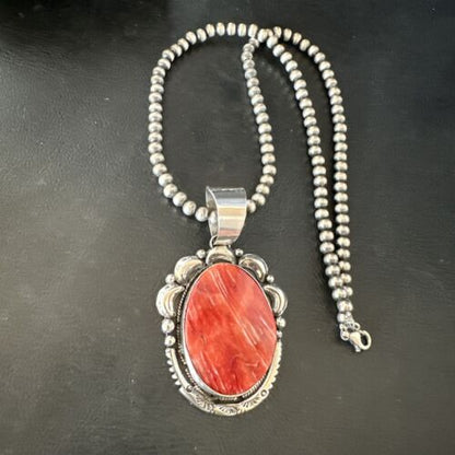 Navajo Red Spiny Oyster Pendant Necklace | Sterling Silver | Authentic Native American Handmade | 17560