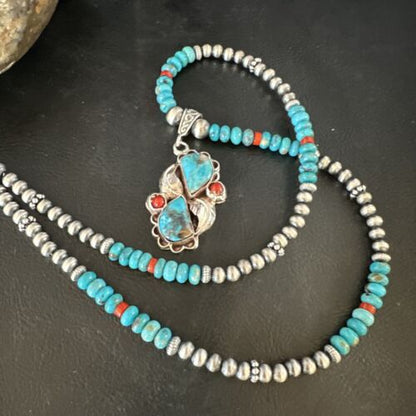 Navajo Blue Turquoise Coral Pendant Necklace | Sterling Silver | Multi-Stone | Authentic Native American Handmade | 15257