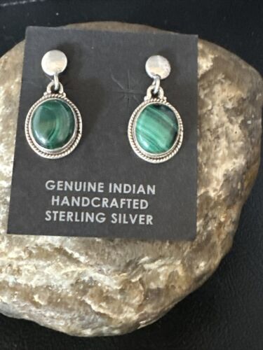 Navajo Green Malachite Dangle Earrings | Sterling Silver | Authentic Native American Handmade | 14922