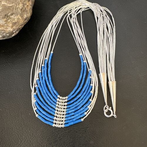 Navajo Denim Lapis Heishi Necklace | 10 Strand Sterling Liquid Silver Tube | 22" | 16319