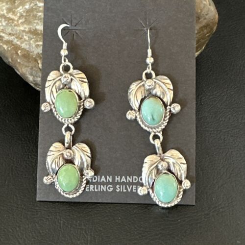 Navajo Blue Green Turquoise Dangle Earrings | Sterling Silver | 1.5" | Authentic Native American Handmade | 17386