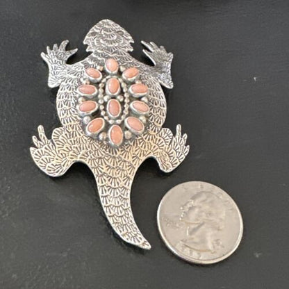Handmade Stamped Navajo Pink Coral Horny Toad Pin | Authentic Native American Jewelry | 15669