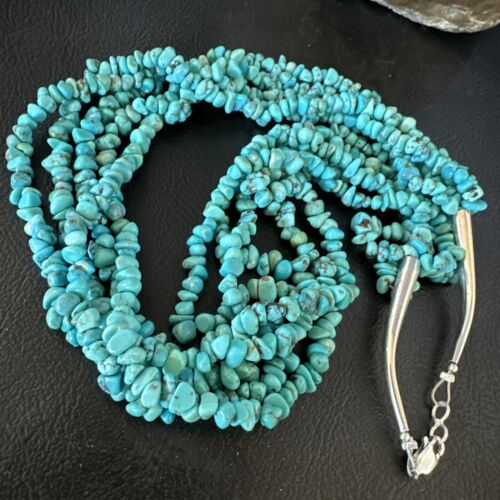 Navajo Blue Turquoise Nugget Bead Necklace | 5 Strand | Sterling Silver | 18" | 15077