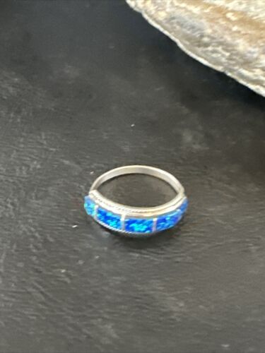 Navajo Blue Opal Inlay Ring | Sterling Silver | Sz 7.5 | Authentic Native American Handmade | 16433