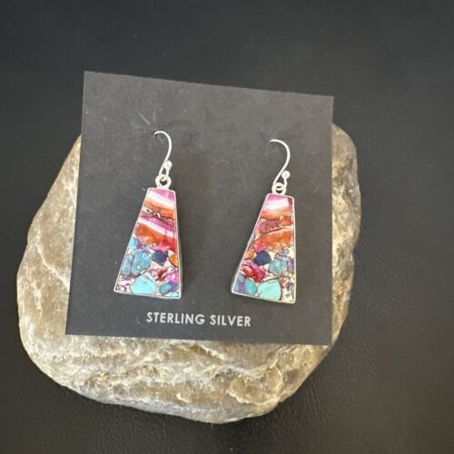 Navajo Blue Turquoise Red Spiny Oyster Inlay Dangle Earrings | Sterling Silver | Authentic Native American Handmade | 15577