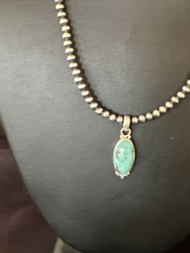 Navajo Pearls Kingman Turquoise Pendant Necklace | Sterling Silver | Authentic Native American Handmade | 14896