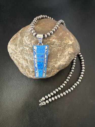 Navajo Blue Opal Inlay Pendant | Sterling Silver Necklace with Pearls | Authentic Native American Handmade | 16905