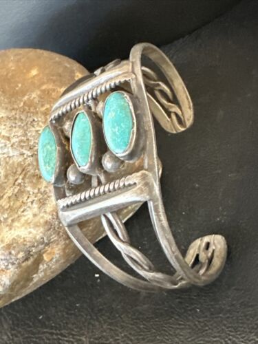 Women's Navajo Sterling Silver Cuff Bracelet | Blue Arizona Turquoise | 3 Stone | 16430