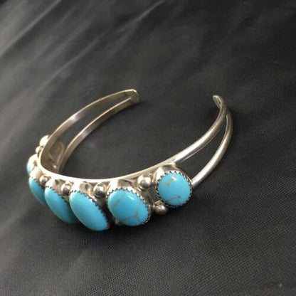 Navajo Sterling Silver Bracelet | Kingman Turquoise | Multi-Stone 7-Stone | Authentic Native American Handmade