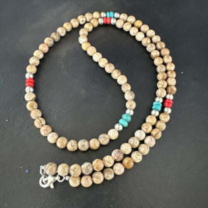 Navajo Turquoise Coral Picture Jasper Necklace | Sterling Silver | 24" | Authentic Native American Handmade | 17607