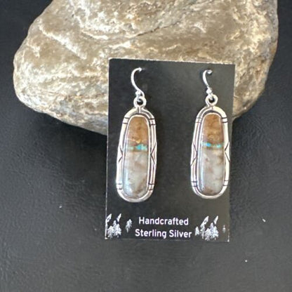 Navajo Blue Boulder Turquoise Dangle Earrings | Sterling Silver | Authentic Native American Handmade | 16502