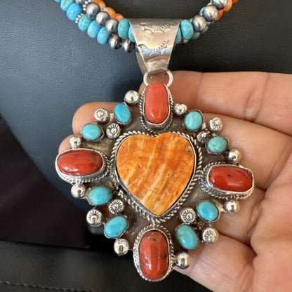 Navajo Turquoise Coral Spiny Heart Pendant | Sterling Silver 3-Strand Necklace | Authentic Native American Handmade | 16303
