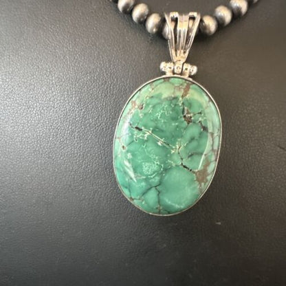 Navajo Blue Spiderweb Turquoise Pendant | Sterling Silver Pearls Necklace | Authentic Native American Handmade | 15570