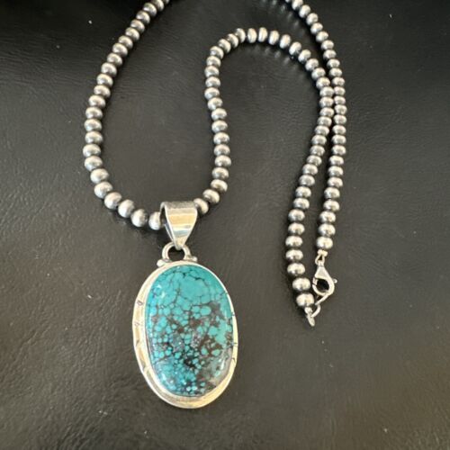 Men's Navajo Blue Spiderweb Turquoise Pendant Necklace | Sterling Silver | Authentic Native American Handmade | 16220
