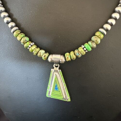 Navajo Green Gaspeite Turquoise Pendant Necklace | Sterling Silver | Native American Handmade | 15426